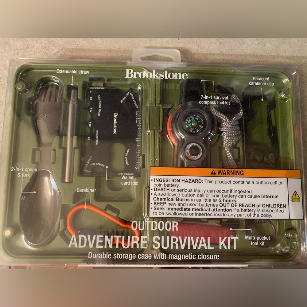 Brookstone Outdoor Green 7-in-1 Survival Compass Tool Kit. NEW
